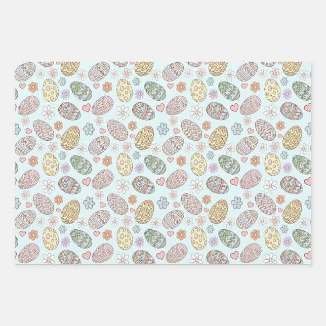 Whimsical Pastel Cute Easter Eggs Floral Pattern Wrapping Paper Sheets (Front 2)