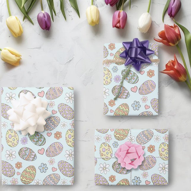 Whimsical Pastel Cute Easter Eggs Floral Pattern Wrapping Paper Sheets (Creator Uploaded)