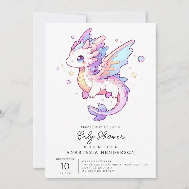 Whimsical Pastel Dragon Baby Shower Invitation (Front)