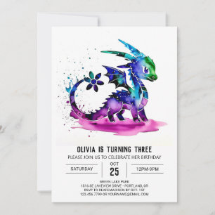 Whimsical Pastel Dragon Digital Girl Birthday Invitation