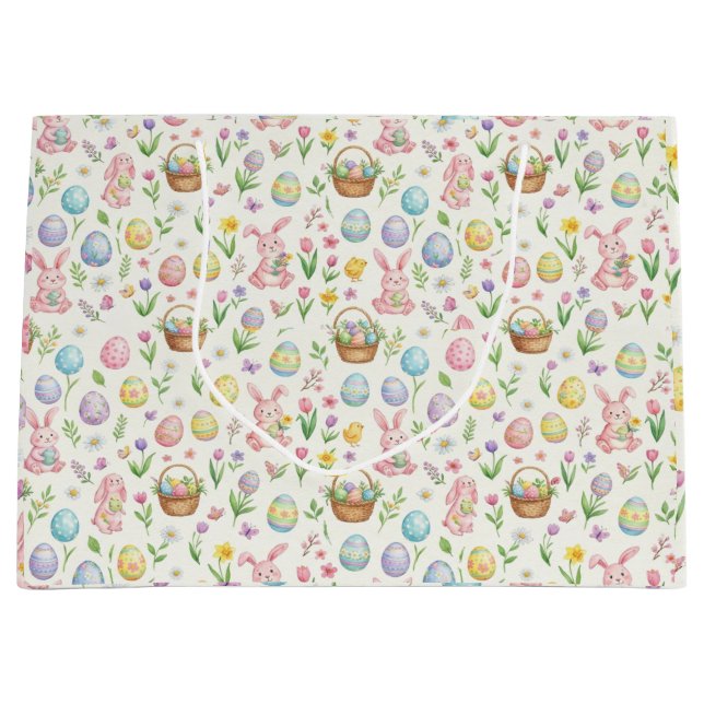 Whimsical Pastel Easter Bunny & Floral Pattern Large Gift Bag (Front)