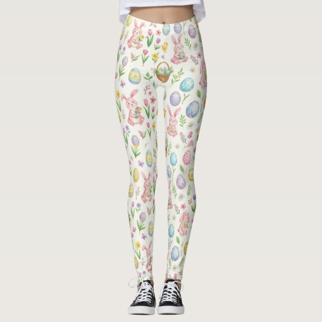 Whimsical Pastel Easter Bunny & Floral Pattern Leggings (Front)