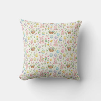 Whimsical Pastel Easter Bunny & Floral Pattern Throw Pillow