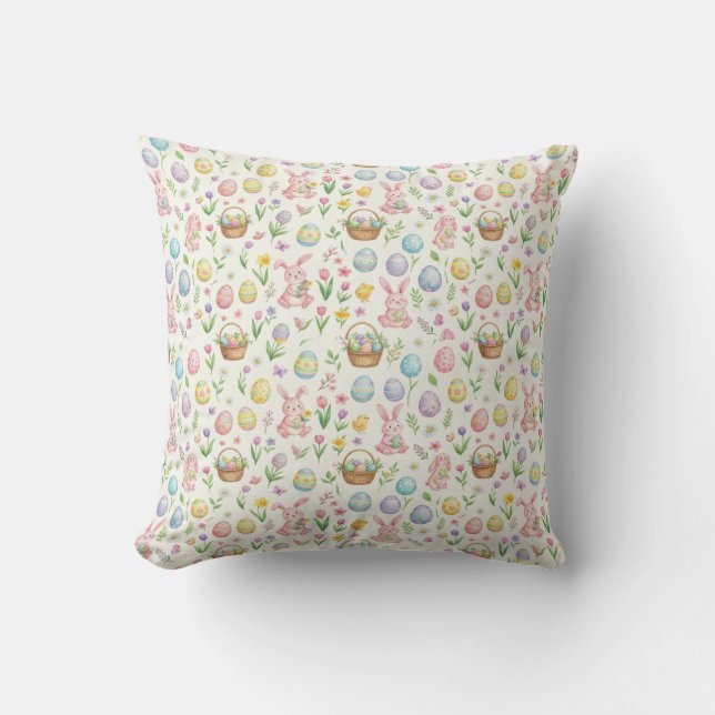 Whimsical Pastel Easter Bunny & Floral Pattern Throw Pillow (Front)