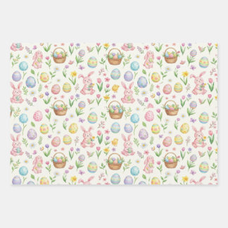 Whimsical Pastel Easter Bunny & Floral Pattern Wrapping Paper Sheets