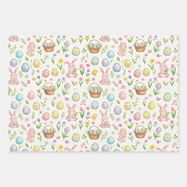 Whimsical Pastel Easter Bunny & Floral Pattern Wrapping Paper Sheets (Front)