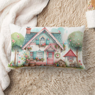 Whimsical Pastel Fairy Tale Cottage Art Lumbar Pillow