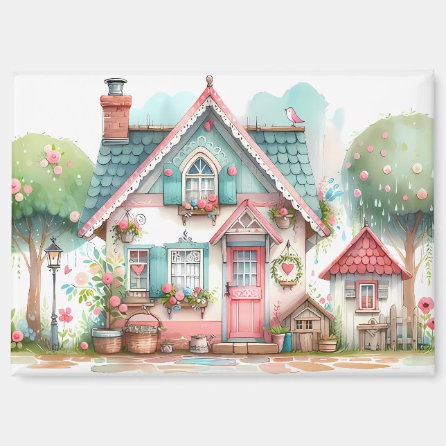 Whimsical Pastel Fairy Tale Cottage Art Magnet (Front)