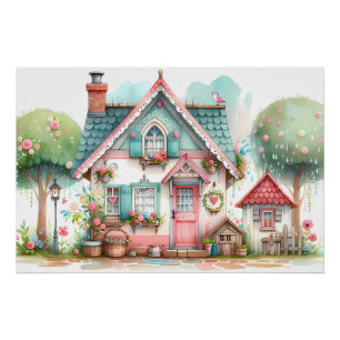 Whimsical Pastel Fairy Tale Cottage Art Poster