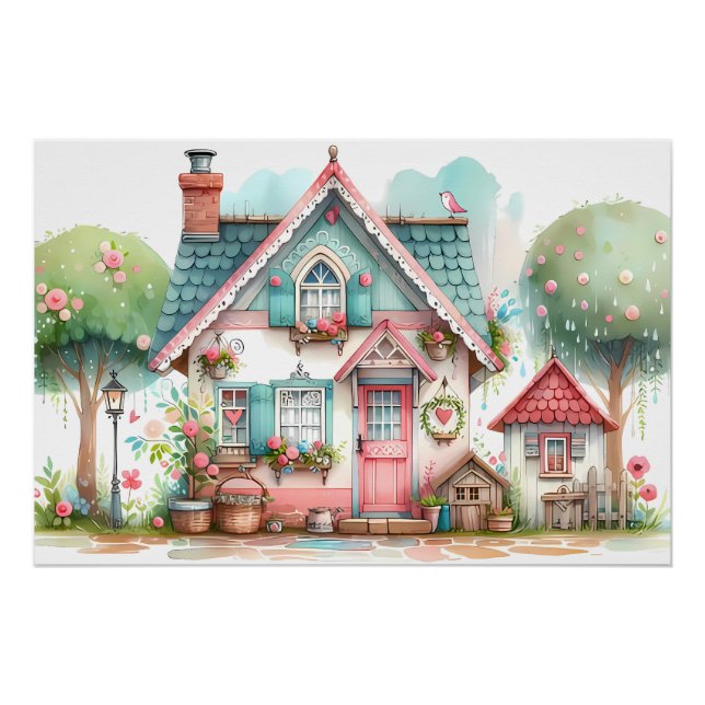 Whimsical Pastel Fairy Tale Cottage Art Poster (Front)