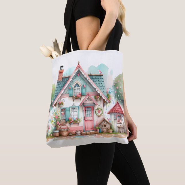 Whimsical Pastel Fairy Tale Cottage Art Tote Bag (Close Up)