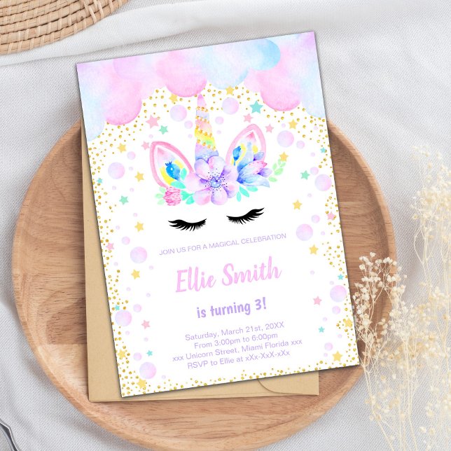 Whimsical Pastel Fantasy Party Card for Girls (Purple Pink cloud Unicorn Invitations)