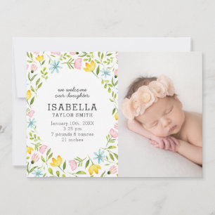 Whimsical Pastel Flowers Baby Photo Birth Announcement