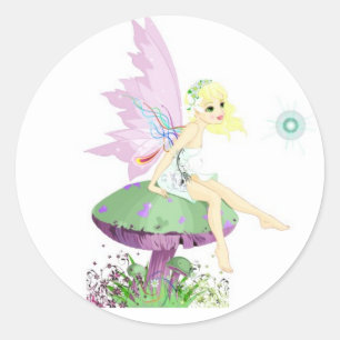 Whimsical pastel Garden fairy sitting on mushroom Classic Round Sticker