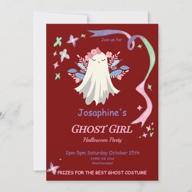 Whimsical Pastel Ghost Girl Halloween Party Invite (Front)