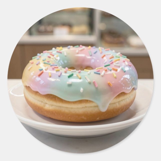 Whimsical Pastel Glass Glaze Donut Glossy   Classic Round Sticker (Front)