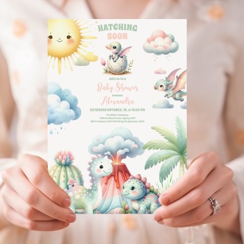 Whimsical Pastel Hatching Soon Dino Baby Shower Invitation