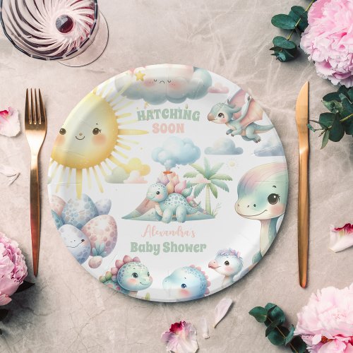 Whimsical Pastel Hatching Soon Dino Baby Shower Paper Plates