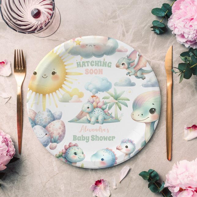 Whimsical Pastel Hatching Soon Dino Baby Shower Paper Plates (Creator Uploaded)