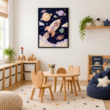 Whimsical Pastel Kids Space Adventure Girl Rocket