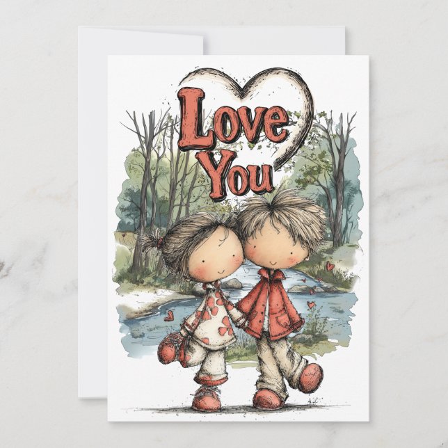 Whimsical Pastel Love Couple Drawing Holiday Card (Front)