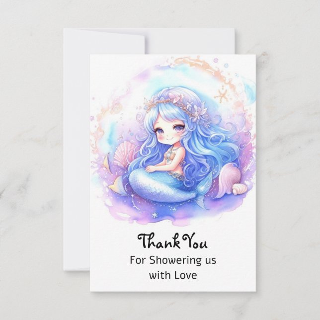 Whimsical Pastel Mermaid Baby Shower Thank You Card (Front)