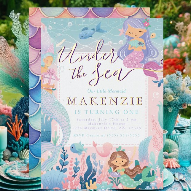 Whimsical Pastel Mermaid Under the Sea Foil Invitation (Under the Sea mermaid birthday invitation with pastel ocean design and gold foil accents.)