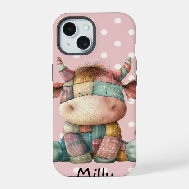 Whimsical Pastel Patchwork Cow Add Custom Name  Iphone Case (Back)