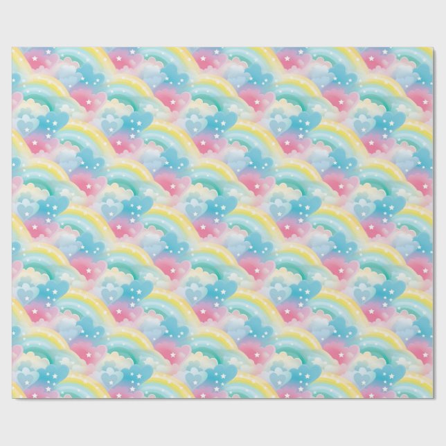 Whimsical Pastel Pattern with Hearts and Rainbows Wrapping Paper (Flat)