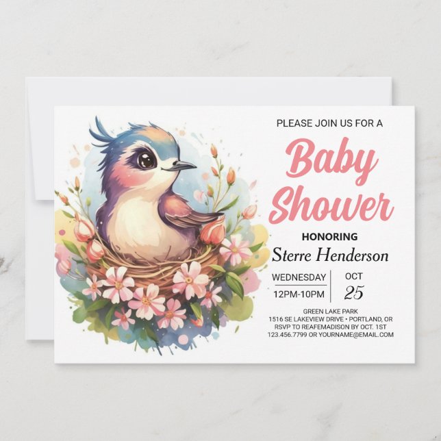 Whimsical Pastel Pink Bird Baby Shower Invitation (Front)