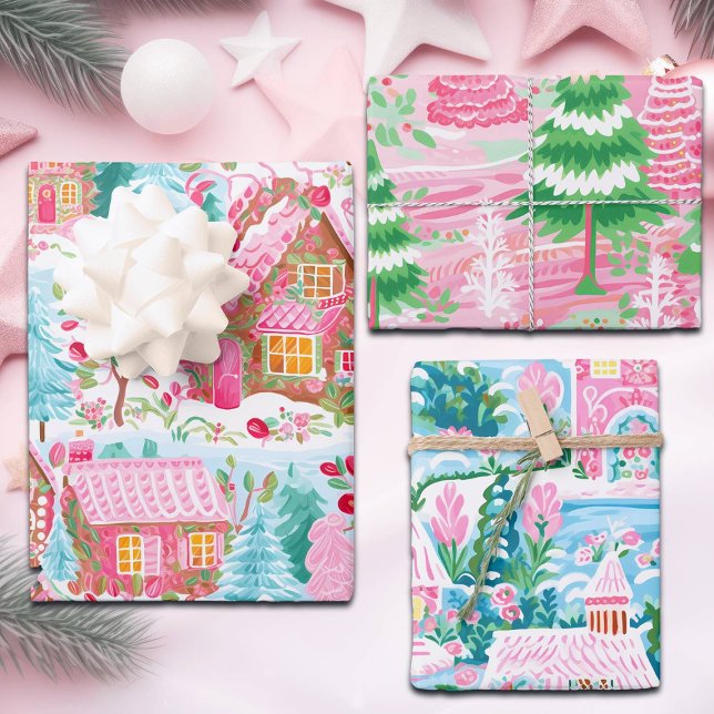 Whimsical Pastel Pink Gingerbread Village,  Wrapping Paper Sheets (Creator Uploaded)