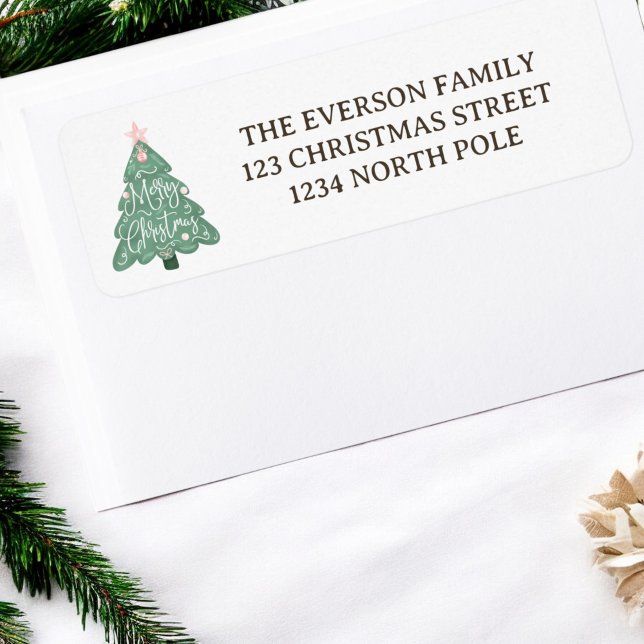 Whimsical pastel pink green merry christmas tree label (Whimsical pastel pink green merry christmas tree label)