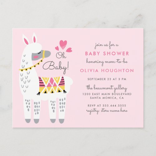 Whimsical Pastel Pink Llama Oh Baby Shower Invitation Postcard