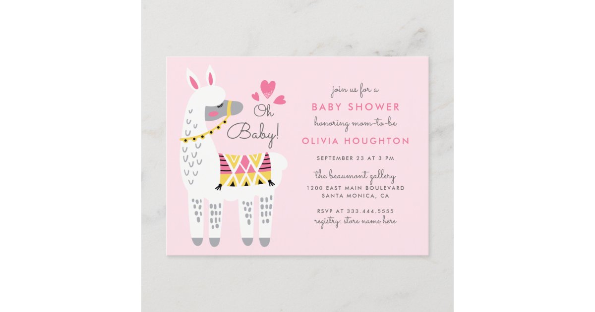 Whimsical Pastel Pink Llama Oh Baby Shower Invitation Postcard