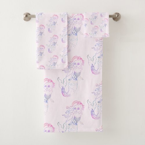 Whimsical Pastel Pink Mermaid Pattern Print Bath Towel Set