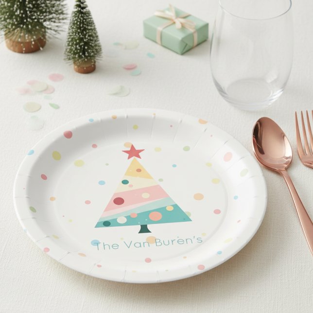 Whimsical Pastel Polka Dot Christmas Paper Plates (Personalized Pastel color polka dot Christmas tree paper plate)