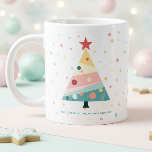 Whimsical Pastel Polka Dot Christmas Tree Giant Coffee Mug (Pastel color polka dot Christmas tree mug)