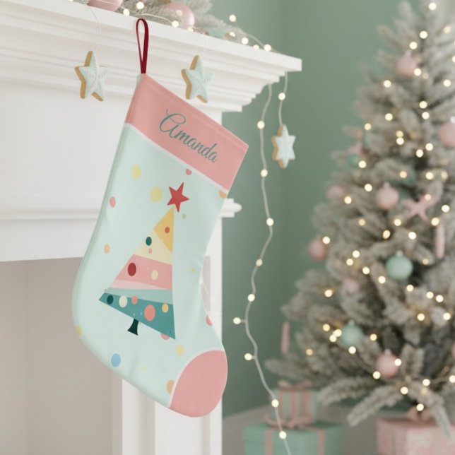 Whimsical Pastel Polka Dot  Large Christmas Stocking (Pastel color polka dot Christmas tree stocking)