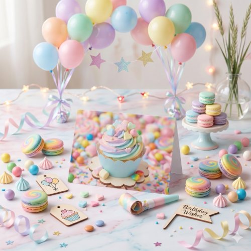 Whimsical Pastel Rainbow Cupcake Birthday  Card