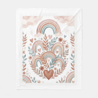 Whimsical Pastel Rainbow Over Floral Garden Fleece Blanket