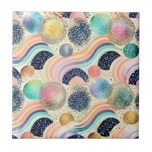 Whimsical Pastel Rainbow Waves & Glitter Abstract  Ceramic Tile