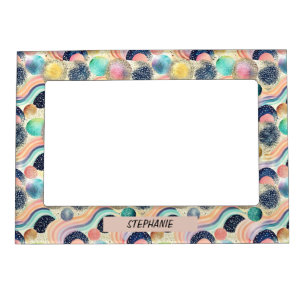 Whimsical Pastel Rainbow Waves & Glitter Abstract  Magnetic Frame