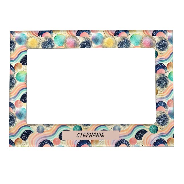 Whimsical Pastel Rainbow Waves & Glitter Abstract  Magnetic Frame (Front)