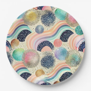 Whimsical Pastel Rainbow Waves & Glitter Abstract  Paper Plates