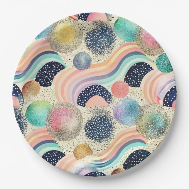 Whimsical Pastel Rainbow Waves & Glitter Abstract  Paper Plates (Front)