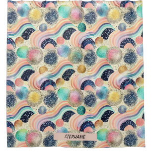 Whimsical Pastel Rainbow Waves & Glitter Abstract Shower Curtain