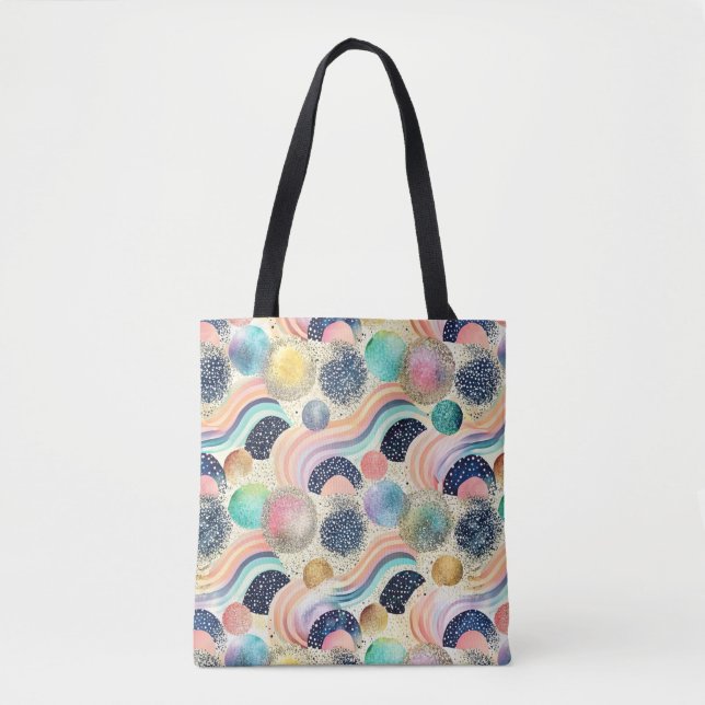 Whimsical Pastel Rainbow Waves & Glitter Abstract  Tote Bag (Front)