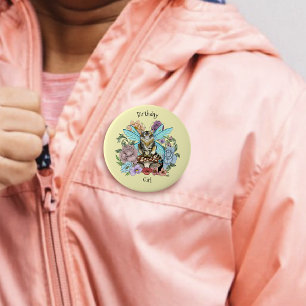 Whimsical Pastel Tabby Fairy Cat Floral Fantasy  Button