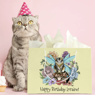 Whimsical Pastel Tabby Fairy Cat Floral Fantasy  Large Gift Bag