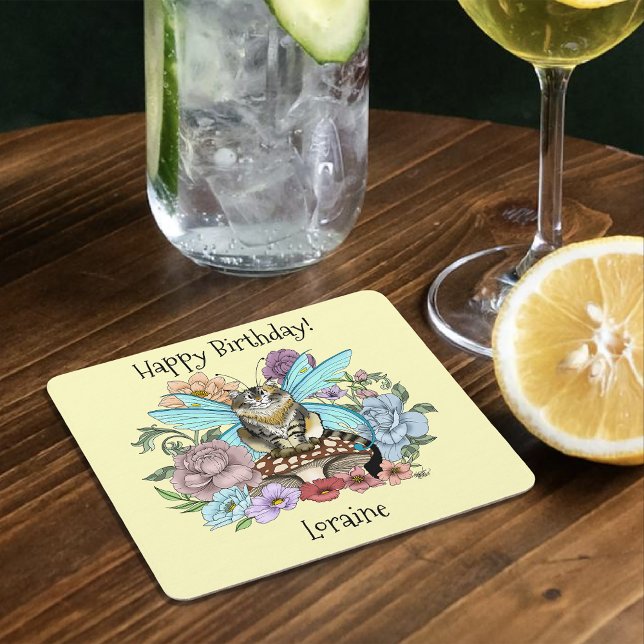 Whimsical Pastel Tabby Fairy Cat Floral Fantasy  Square Paper Coaster (Creator Uploaded)